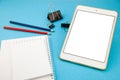 Tablet mockup background top view. Workplace copy space. otepad, notebook and pen. Study and work. Planning. Self Royalty Free Stock Photo