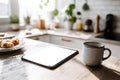 Tablet Mockup on Kitchen Table with Coffee and Breakfast Royalty Free Stock Photo