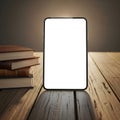 Tablet Mockup on Wooden Table Beside Stacked Books Royalty Free Stock Photo