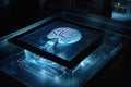 tablet with MRI photo of the brain, hologram, Alzheimer\'s, brain diseases, Generative AI