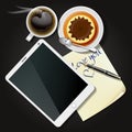 Tablet and note paper with black coffee and pudding Royalty Free Stock Photo