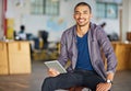 Tablet, office and portrait of businessman on chair for online research, website news and internet. Professional Royalty Free Stock Photo