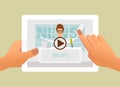 Tablet with online video of breaking news on screen in hands. Vector illustration of web online news and video live Royalty Free Stock Photo