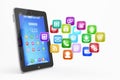 Tablet PC with cloud of application icons Royalty Free Stock Photo