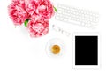 Tablet PC, Keyboard, Coffee. Home office workplace business lady Royalty Free Stock Photo