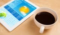 Tablet pc showing weather forecast on screen with a cup of coffee on a desk Royalty Free Stock Photo