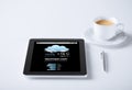 Tablet pc with weather forecast and cup of coffee Royalty Free Stock Photo
