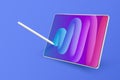 Tablet, pen and multicolored background. Device in perspective view. Pen drawing abstract shape on tablet