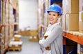 Tablet, portrait or woman in factory for storage, shipping delivery, product or stock in warehouse by shelf. Printing Royalty Free Stock Photo