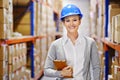 Tablet, portrait or woman in warehouse for inspection, shipping delivery, product or stock in factory by shelf. Printing Royalty Free Stock Photo