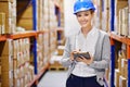 Tablet, portrait or woman in warehouse for safety, shipping delivery, product or stock in factory by shelf. Printing Royalty Free Stock Photo