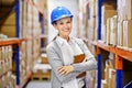 Tablet, portrait or woman in warehouse for storage, shipping delivery, product or stock in factory by shelf. Packaging Royalty Free Stock Photo