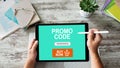Tablet with promo code field on screen. E-commerce, mobile marketing concept. Royalty Free Stock Photo
