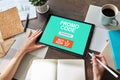 Tablet with promo code field on screen. E-commerce, mobile marketing concept. Royalty Free Stock Photo