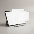 A tablet propped up on a stand with a stylus and blank documents on the screen Royalty Free Stock Photo