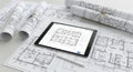 Architectural Design with Tablet and Blueprints Royalty Free Stock Photo