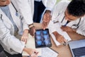 Tablet screen, brain and doctors in neurology research, internship training and teamwork for healthcare solution