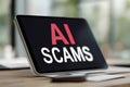 Tablet screen displaying ai scams online fraud concept Royalty Free Stock Photo