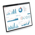 Tablet screen displaying various data visualizations, including bar charts, line graphs, Royalty Free Stock Photo