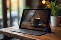 Tablet screen displays coffee cup on rustic wood table, relax, beverage, ipad Royalty Free Stock Photo