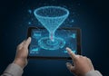 Tablet screen displays digital funnel and data charts held by hands Royalty Free Stock Photo