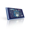 Tablet, screen or location search to travel on digital global road maps or direction route on white background. Mockup