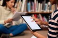 Tablet screen, mockup or women at campus library for reading research, project or homework. College, education or Royalty Free Stock Photo