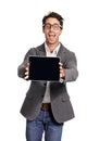 Tablet screen, portrait and business man in studio with wow news, info or promo on white background. Digital, display