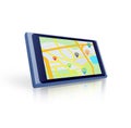 Tablet, search or location to travel on global digital road maps or direction route on white background. Mockup space