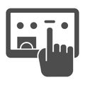 Tablet and selection hand solid icon. Hand with digital tablet vector illustration isolated on white. Touch screen glyph