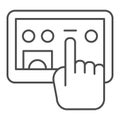Tablet and selection hand thin line icon. Hand with digital tablet vector illustration isolated on white. Touch screen