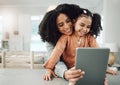 Tablet selfie, happy family and mother and child having fun, bonding and enjoy quality time together in London home Royalty Free Stock Photo