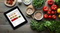 Tablet showcasing a DNA-based diet plan with fresh ingredients in a natural kitchen setting Royalty Free Stock Photo