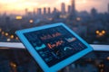 Tablet showing analytics dashboard with city skyline in background at sunset