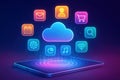 Tablet showing cloud computing with various app icons in a digital interface mobile technology Royalty Free Stock Photo