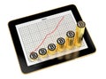 Tablet showing increasing profit chart, with golden Bitcoins on it
