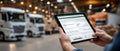 A tablet shows performance data while delivery vans are parked in a spacious warehouse, emphasizing logistics operations Royalty Free Stock Photo