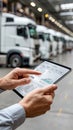 A tablet shows performance data while delivery vans are parked in a spacious warehouse, emphasizing logistics operations Royalty Free Stock Photo