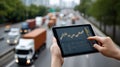 A tablet shows performance data while delivery vans are parked in a spacious warehouse, emphasizing logistics operations Royalty Free Stock Photo