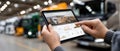 A tablet shows performance data while delivery vans are parked in a spacious warehouse, emphasizing logistics operations Royalty Free Stock Photo