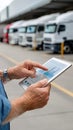 A tablet shows performance data while delivery vans are parked in a spacious warehouse, emphasizing logistics operations Royalty Free Stock Photo
