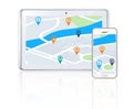 Tablet, smartphone or online location to travel on city road map or direction route on screen or white background