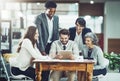 Tablet, smile or business people planning in meeting for team strategy or working on project in company. News, digital Royalty Free Stock Photo