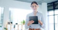 Tablet, smile and business woman in the office doing research for legal corporate project. Digital technology, happy and Royalty Free Stock Photo