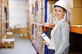 Tablet, smile or woman in warehouse for safety, shipping delivery, product or stock in factory by shelf. Printing Royalty Free Stock Photo