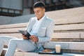 Tablet, stairs and business man on coffee break reading news, corporate email or give feedback on social media app Royalty Free Stock Photo