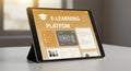 Tablet on a stand displaying an e-learning platform interface. The screen features a Royalty Free Stock Photo