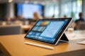 Tablet on a Table Shows Notes During a Meeting in a Conference Room With People in the Background Attending Royalty Free Stock Photo