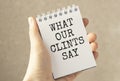 Text What Our Clients Say in front of him in his hands. Business concept