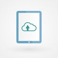 Tablet and upload cloud. Concept of upload. Vector illustration, flat design Royalty Free Stock Photo